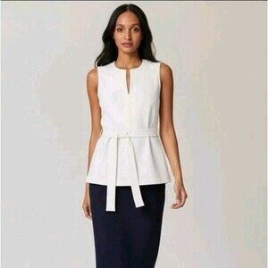 Spanx Blouse Tunic Size S White V Neck Belt  Sleeveless Rayon